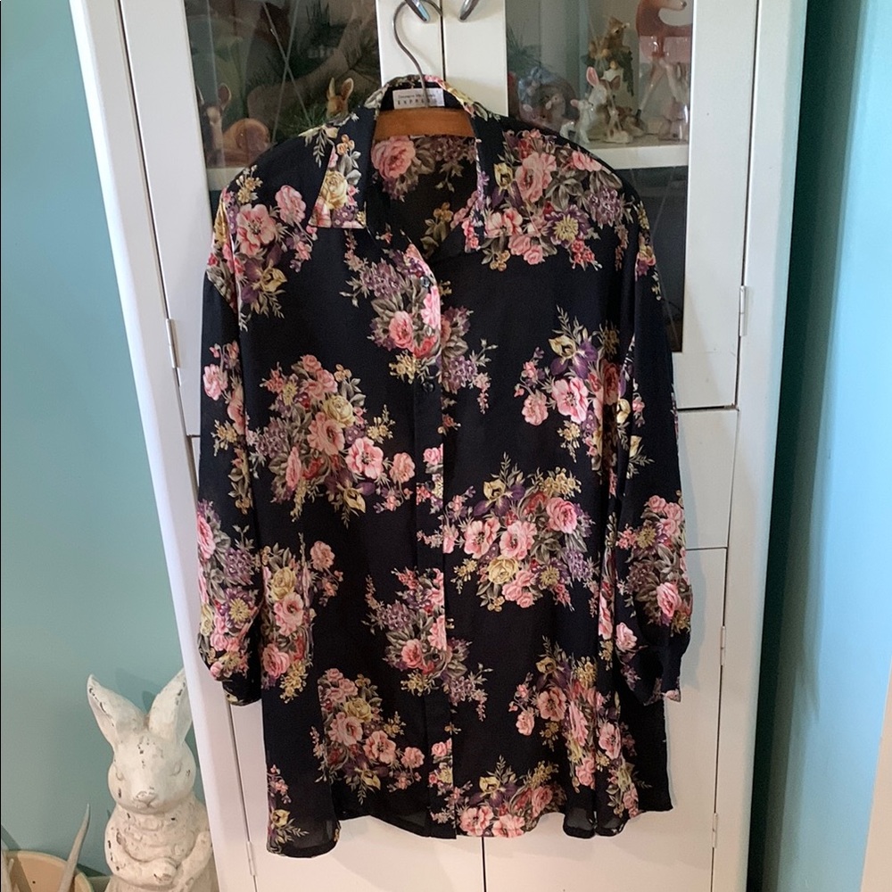 Express vintage sz XS oversized Floral Black and Pink Women's Top sheer euc